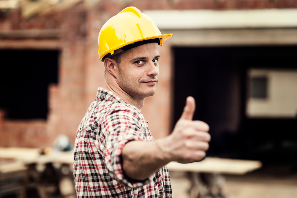 bricklaying construction worker building brick wall